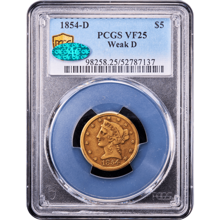 1854-D Liberty Gold Half Eagle ($5) Weak D Obverse Slab Image