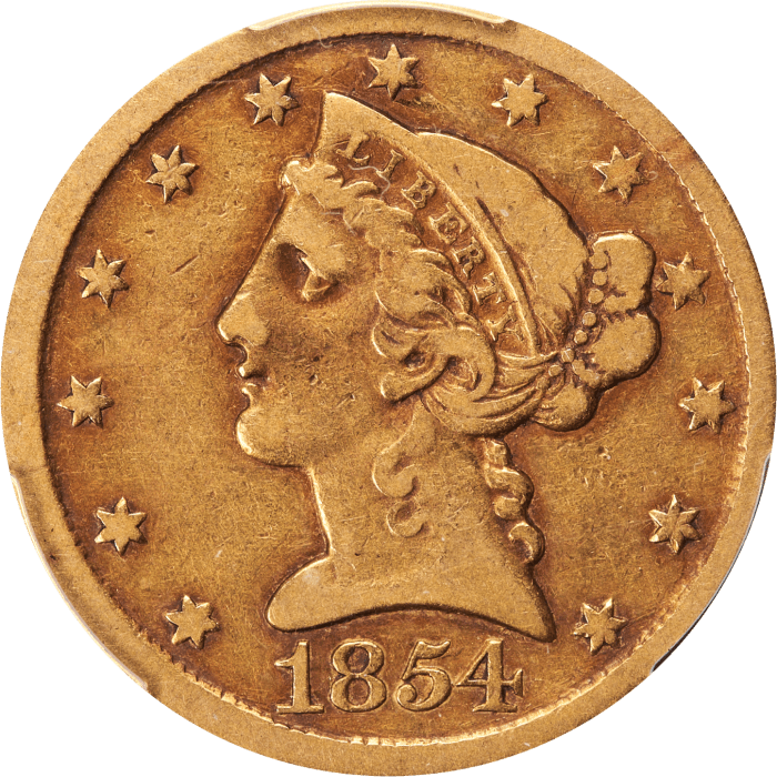 1854-D Liberty Gold Half Eagle ($5) Weak D Obverse Image