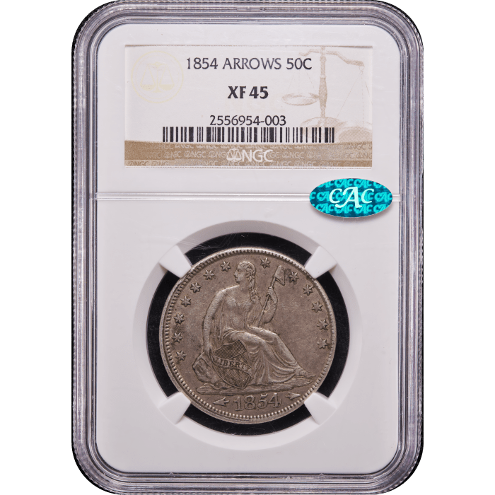 1854 Seated Liberty Half Dollar (50c) Arrows Obverse Slab Image