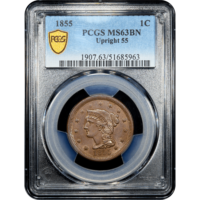 1855 Braided Hair Large Cent (1c) Upright 55 SLAB Image