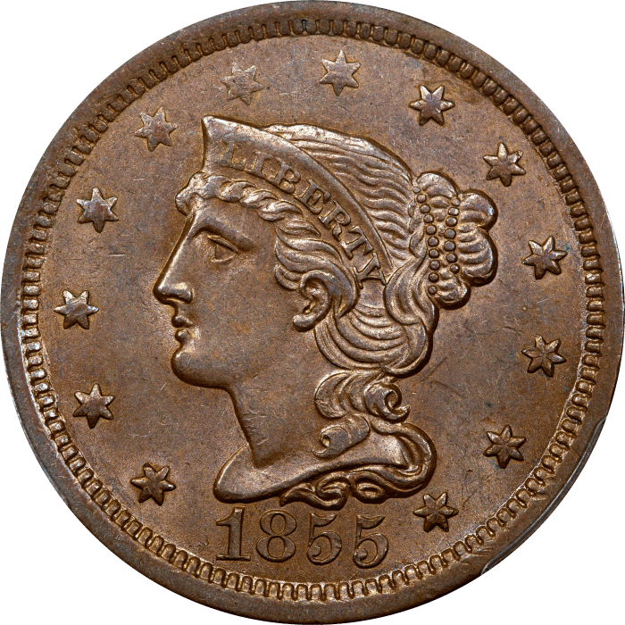 1855 Braided Hair Large Cent (1c) Upright 55 OBVERSE Image