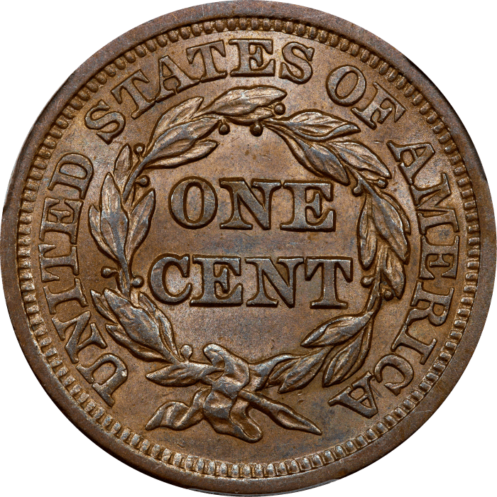 1855 Braided Hair Large Cent (1c) Upright 55 REVERSE Image