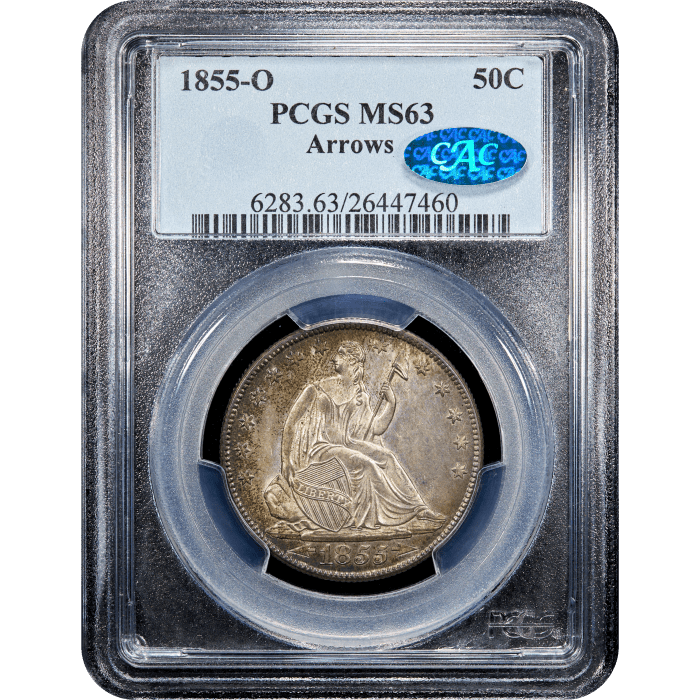 1855-O Seated Liberty Half Dollar (50c) Arrows Obverse Slab Image