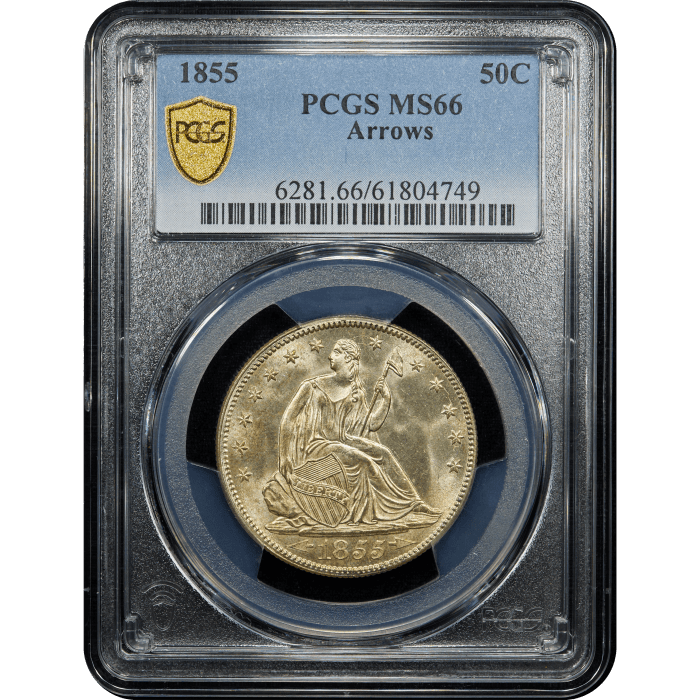 1855 Seated Liberty Half Dollar (50c) Arrows SLAB Image
