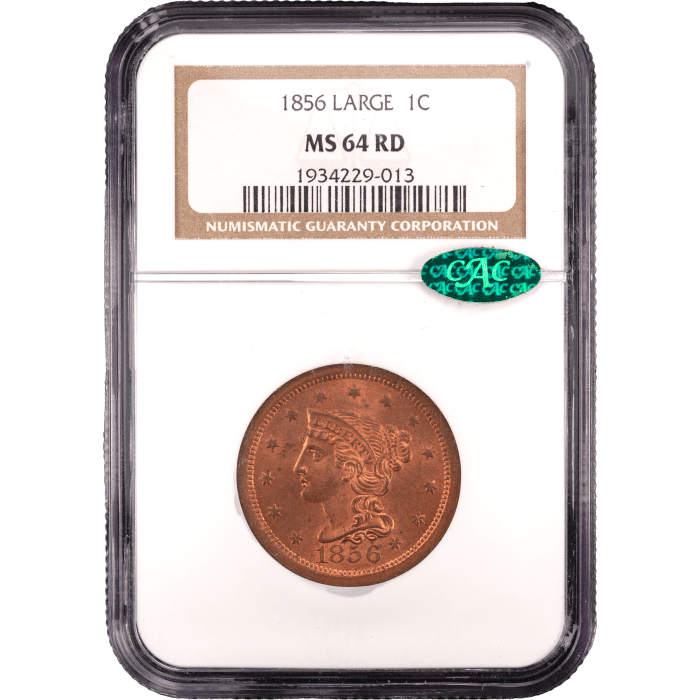 1856 Braided Hair Large Cent (1c) Upright 5 Obverse Slab Image