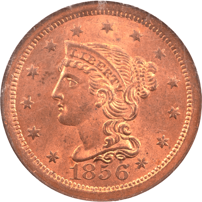 1856 Braided Hair Large Cent (1c) Upright 5 Obverse Image