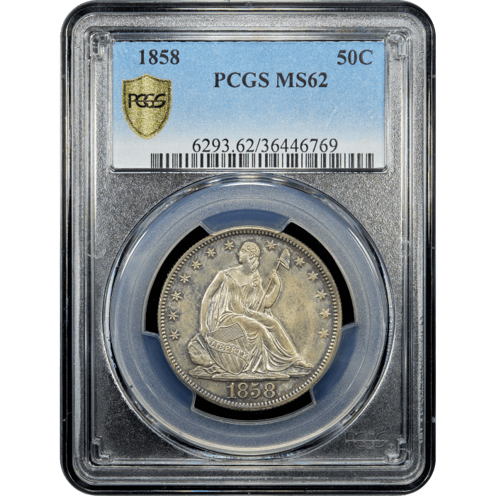 1858 Seated Liberty Half Dollar (50c) Obverse Slab Image