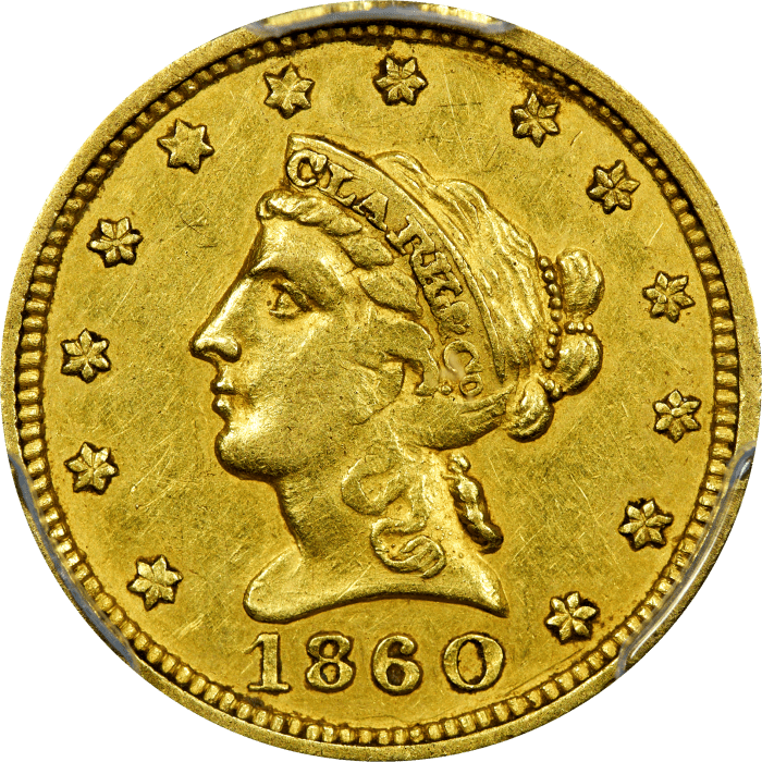 1860 Clark Gruber Gold Quarter Eagle ($2.50) Obverse Image