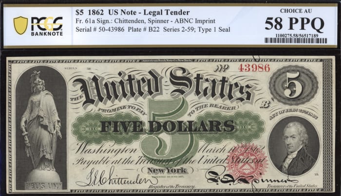 1862 $5 Legal Tender OBVERSE Image