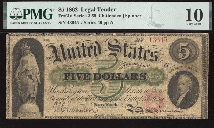 1862 $5 Legal Tender Obverse Image
