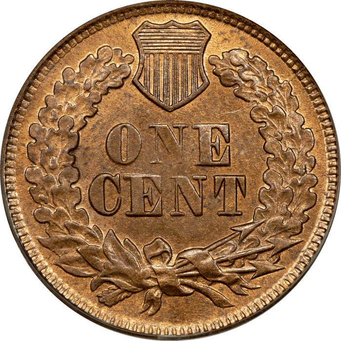 1867 Indian Cent (1c) OGH Reverse Image