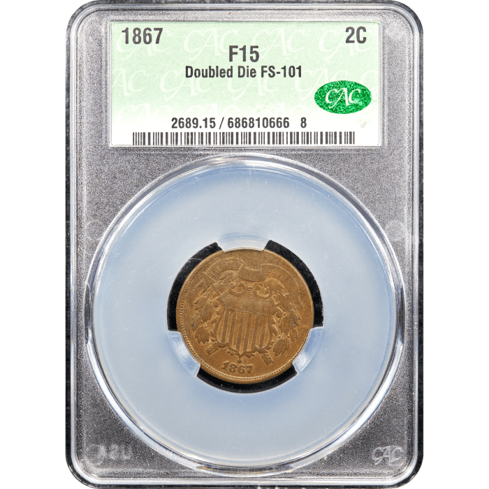 1867 Two Cents (2c) Doubled Die Obverse Slab Image