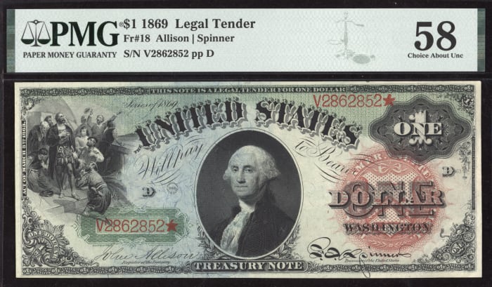 1869 $1 Rainbow Legal Tender Obverse Image