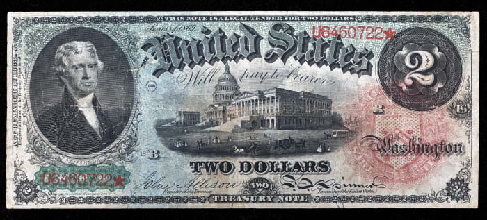 1869 $2 Rainbow Legal Tender Obverse Image
