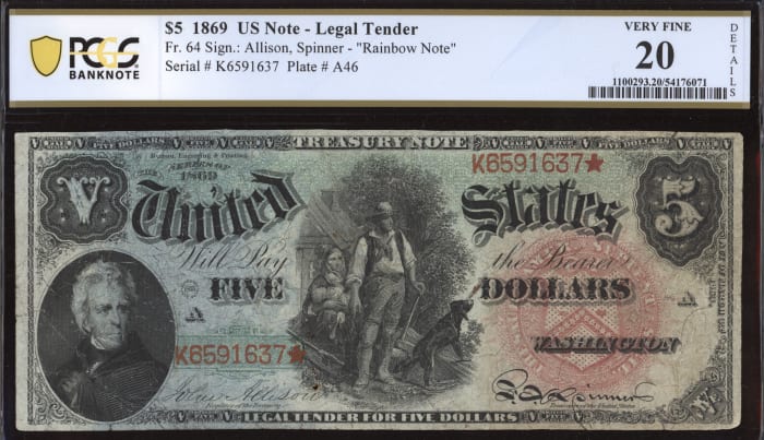 1869 $5 Rainbow Legal Tender OBVERSE Image