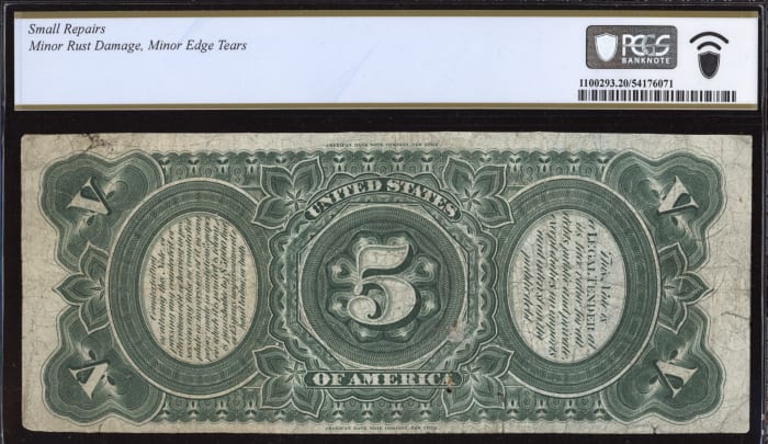 1869 $5 Rainbow Legal Tender REVERSE Image