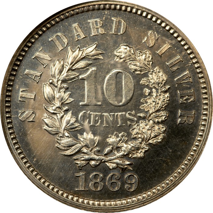 1869 Standard Silver Pattern Dime (10c) J-696 OGH REVERSE Image