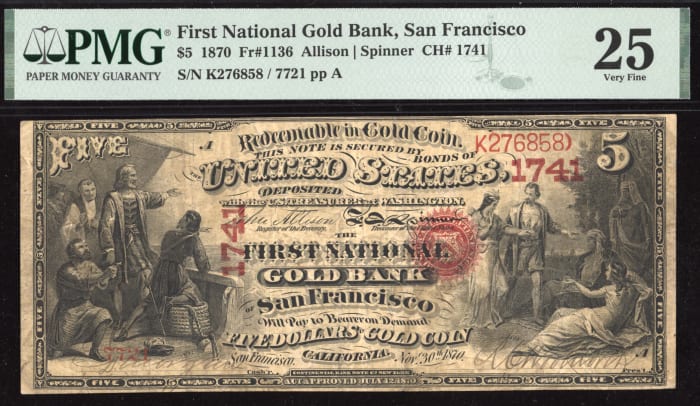 1870 $5 1st National Gold Bank of San Francisco (Charter 1741) Obverse Image