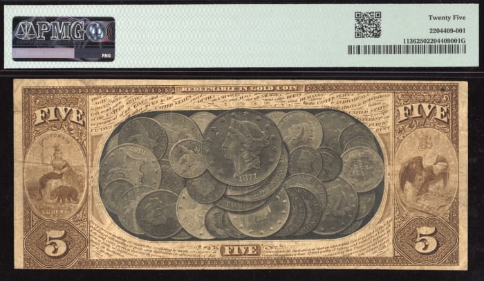 1870 $5 1st National Gold Bank of San Francisco (Charter 1741) Reverse Image