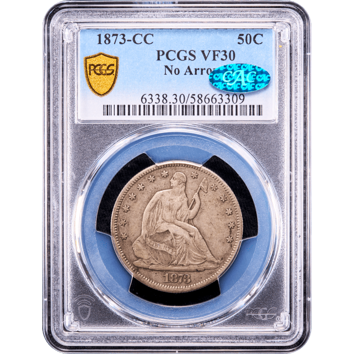 1873-CC Seated Liberty Half Dollar (50c) No Arrows Obverse Slab Image