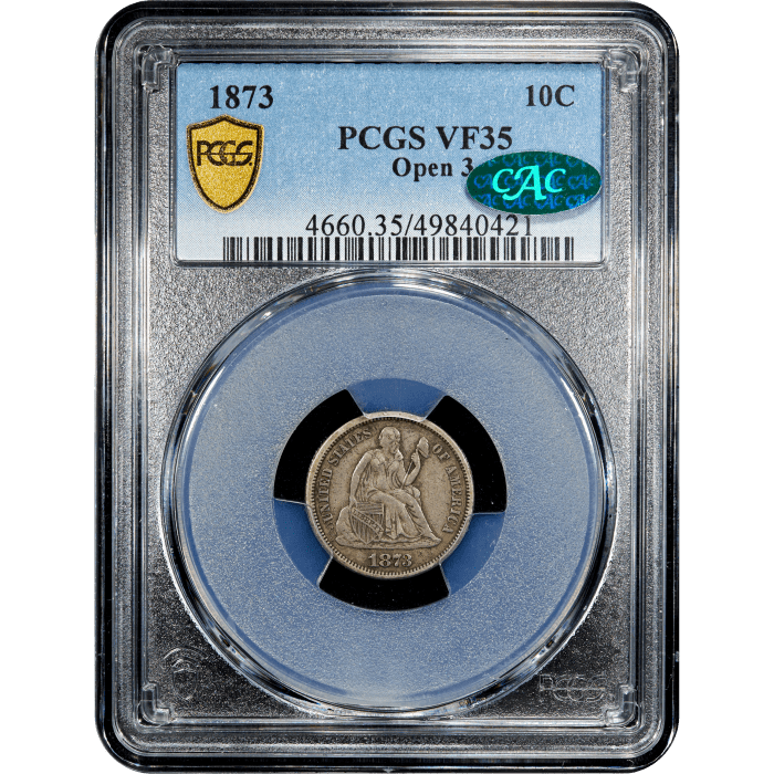 1873 Seated Liberty Dime (10c) Open 3 Obverse Slab Image