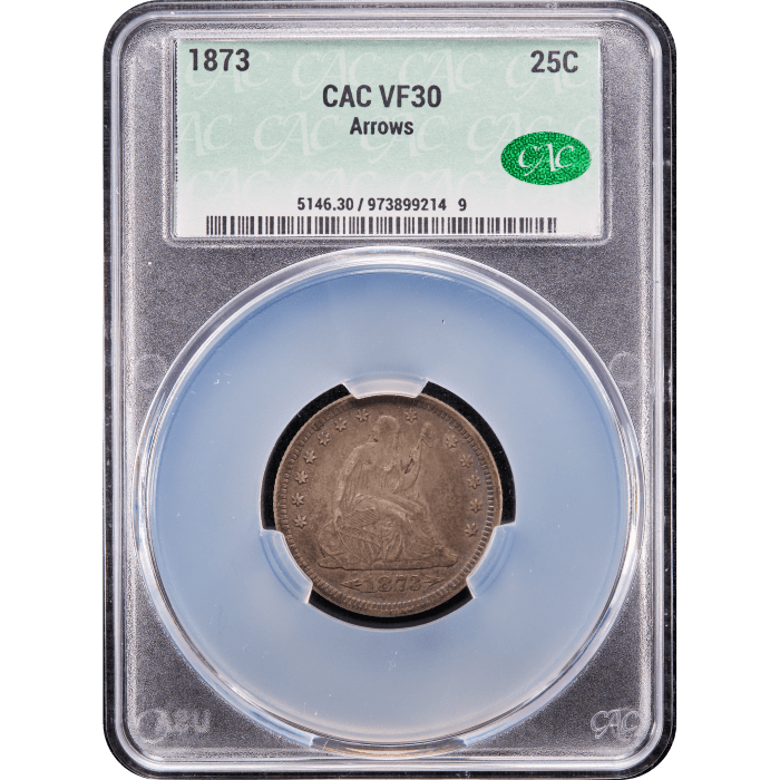 1873 Seated Liberty Quarter (25c) Arrows Obverse Slab Image