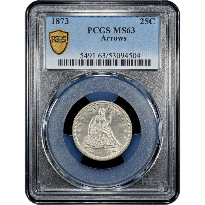 1873 Seated Liberty Quarter (25c) Arrows SLAB Image