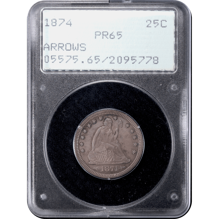 1874 Arrows Seated Liberty Quarter (25c) Rattler Obverse Slab Image