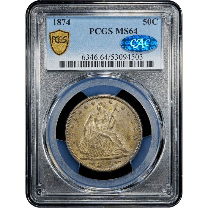 1874 Seated Liberty Half Dollar (50c) Arrows SLAB Image