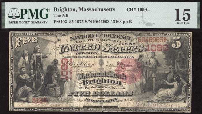 1875 $5 National - Brighton, MA (Charter 1099) Obverse Image