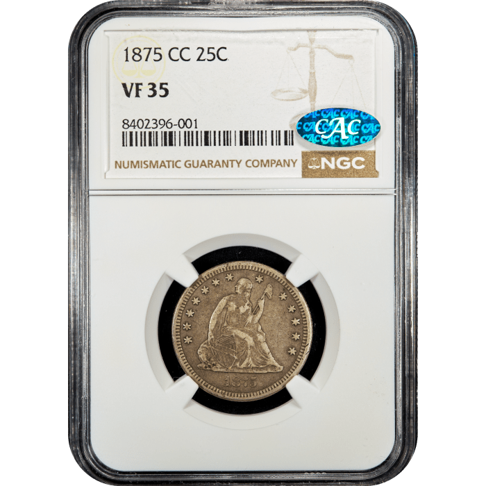 1875-CC Seated Liberty Quarter (25c) Obverse Slab Image