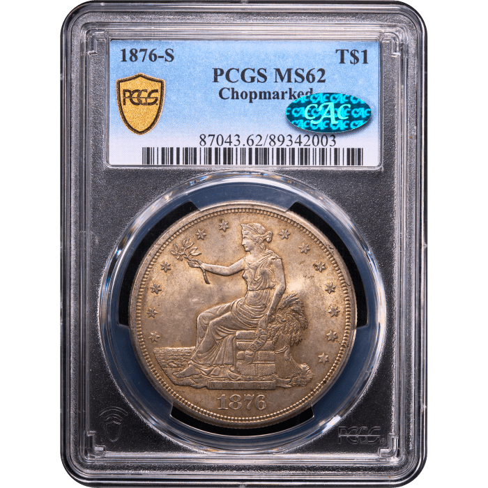 1876-S Trade Dollar (T$1) Chopmarked Obverse Slab Image