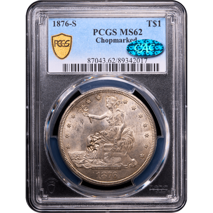 1876-S Trade Dollar (T$1) Chopmarked Obverse Slab Image
