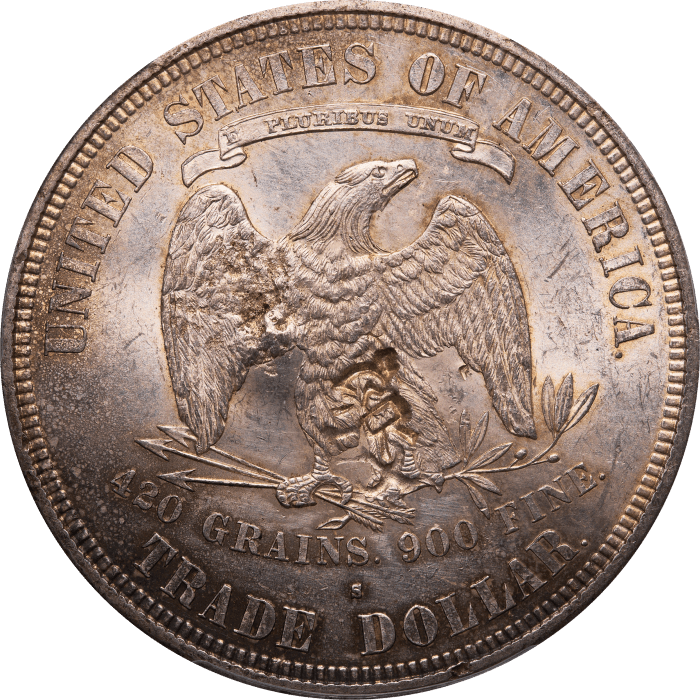 1876-S Trade Dollar (T$1) Chopmarked Reverse Image