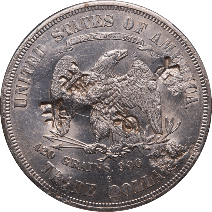 1876-S Trade Dollar (T$1) Type-I/I Chopmarked Reverse Image