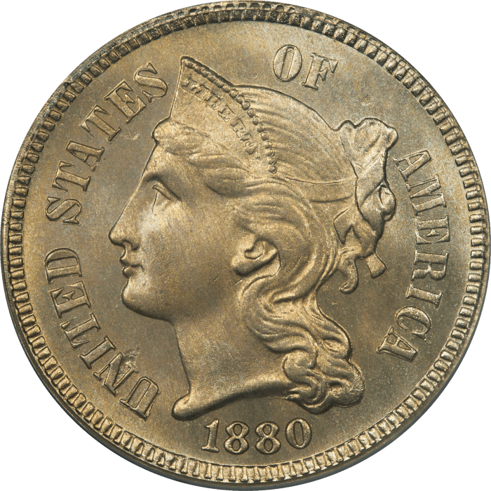 1880 Three Cent Nickel (3CN) OGH OBVERSE Image