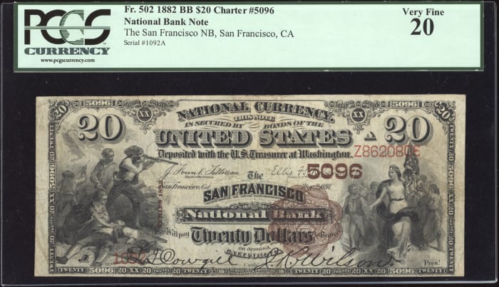 1882 $20 Brown Back National - San Francisco, CA (Charter 5096) OBVERSE Image