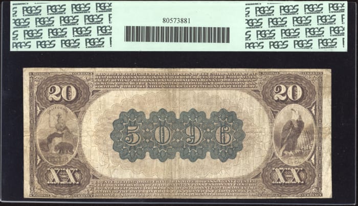 1882 $20 Brown Back National - San Francisco, CA (Charter 5096) REVERSE Image