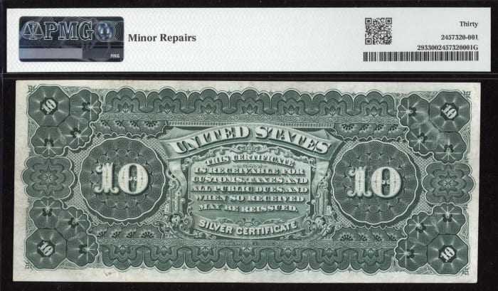 1886 $10 Tombstone Silver Certificate REVERSE Image