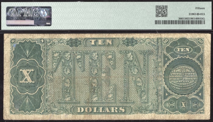 1890 $10 Treasury Note Ornate Back REVERSE Image