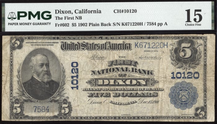 1902 $5 Plain Back National - Dixon, CA (Charter 10120) OBVERSE Image