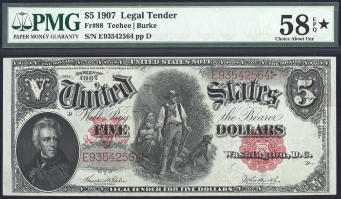 1907 $5 Woodchopper Legal Tender OBVERSE Image