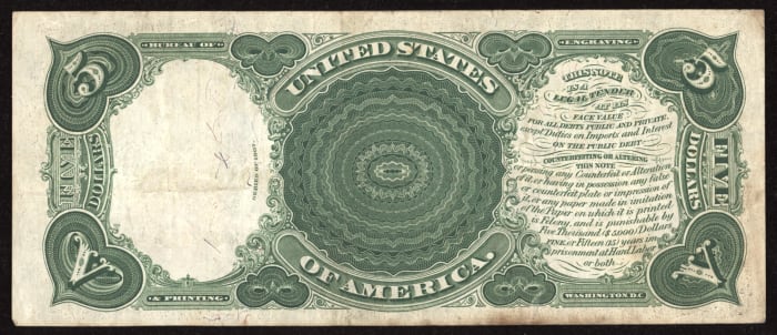 1907 $5 Woodchopper Legal Tender Reverse Image