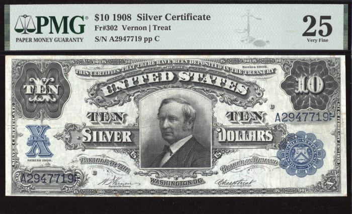 1908 $10 Tombstone Silver Certificate Obverse Image