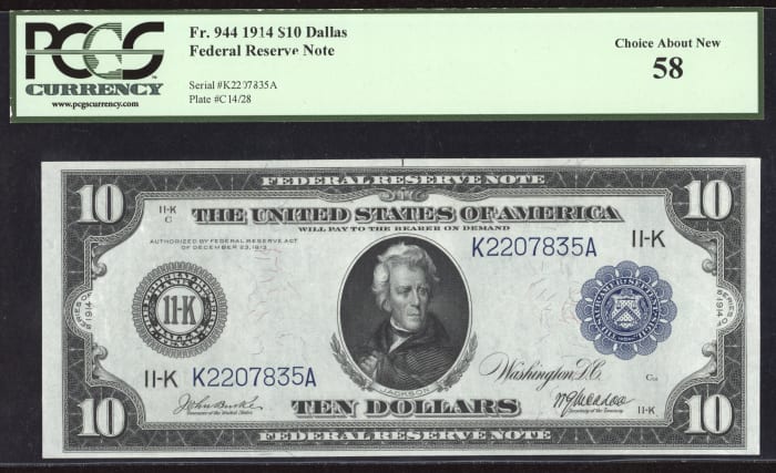 1914 $10 Federal Reserve Note Dallas Obverse Image