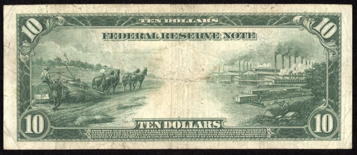 1914 $10 Red Seal FRN REVERSE Image