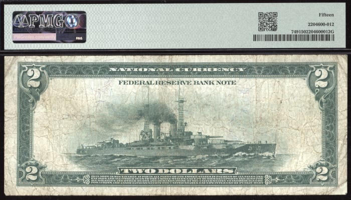 1918 $2 Battleship Federal Reserve Bank Note Reverse Image