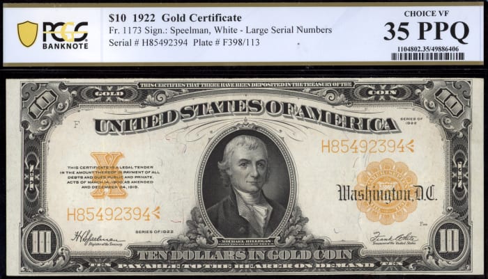 1922 $10 Gold Certificate Obverse Image