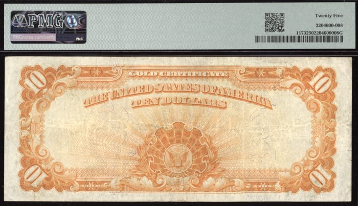 1922 $10 Gold Certificate Reverse Image