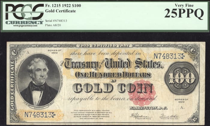 1922 $100 Gold Certificate Obverse Image